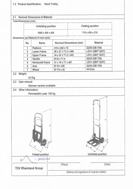 Hand Truck Loading 120 KG GS Test Report